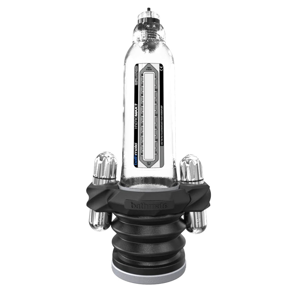 Bathmate HydroVibe Hydrotherapy Ring attached to a Hydromax clear penis pump