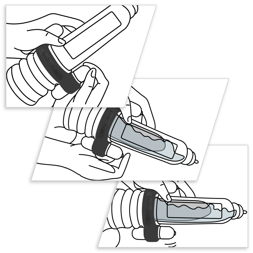 Bathmate HydroVibe Hydrotherapy Ring closeup with VIBE Bullet vibrators Instruction Graphics