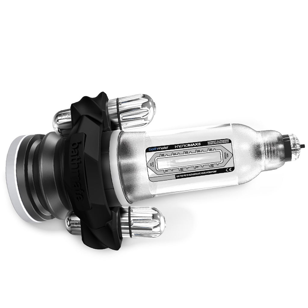Bathmate HydroVibe Hydrotherapy Ring attached to a Hydromax clear penis pump side view
