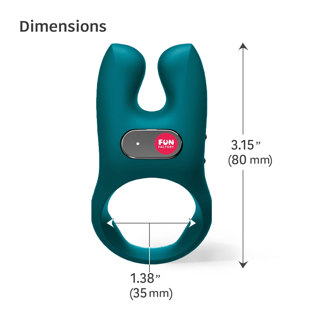 Fun Factory NOS Vibrating Cock Ring Front View Teal Dimensions