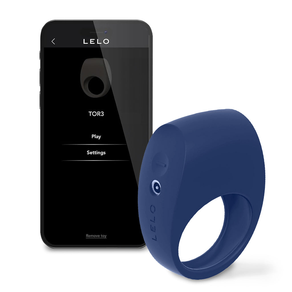 Lelo Tor 3 Vibrating Penis Ring for Couples Profile View with Phone App Base Blue