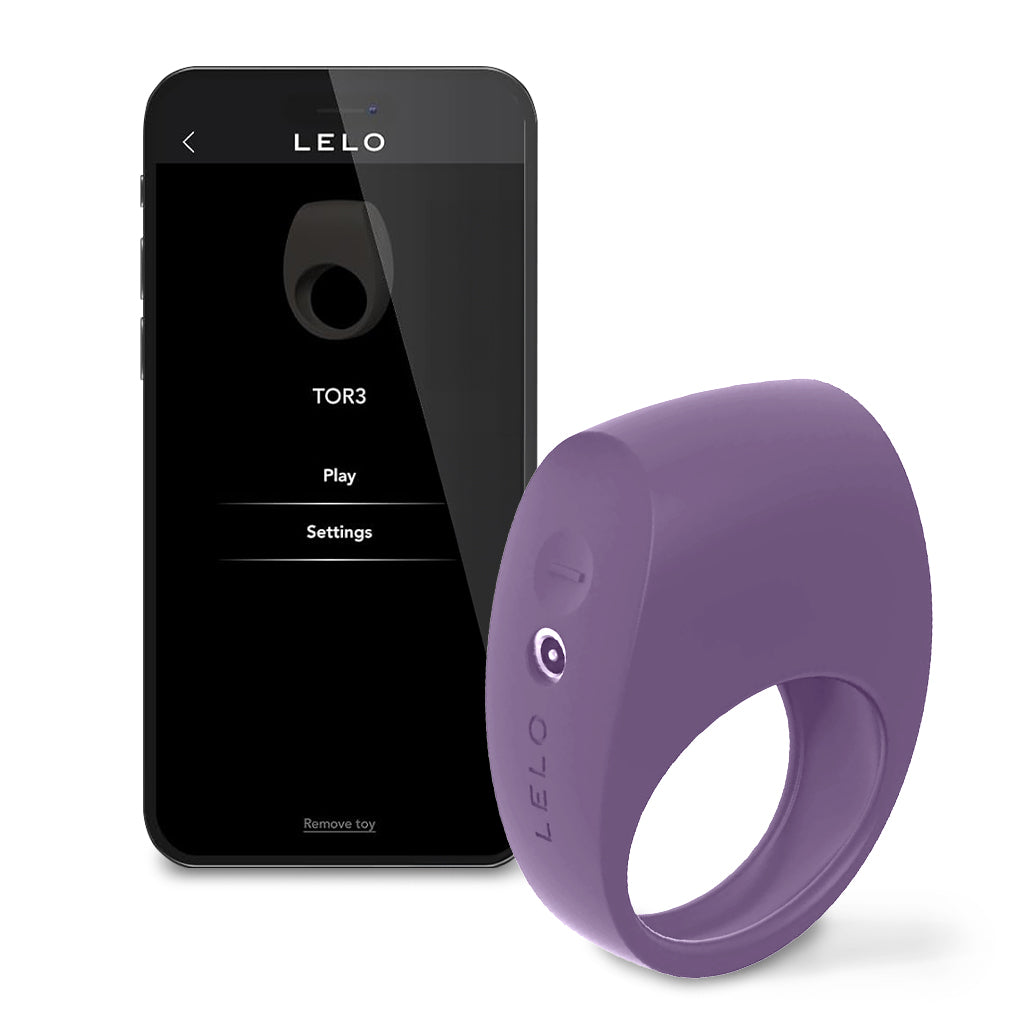 Lelo Tor 3 Vibrating Penis Ring for Couples Profile View with Phone App Violet Dusk