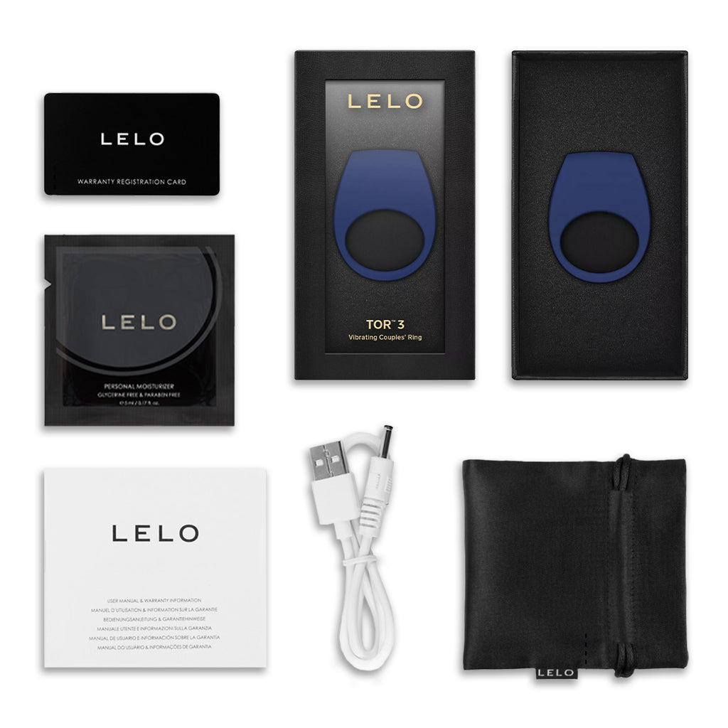 LELO Tor 3 Vibrating Penis Ring for Couples Inside Package Contents Base Blue