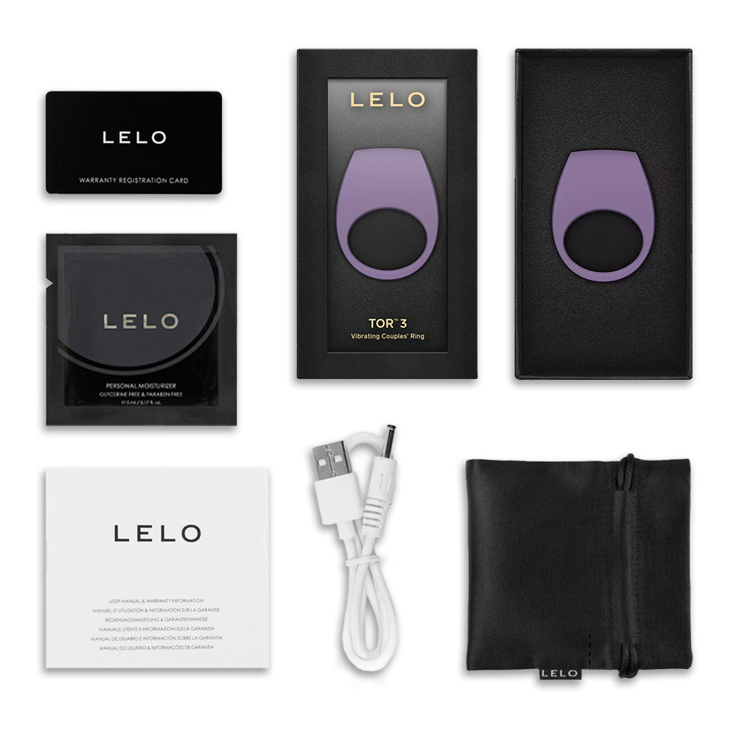 LELO Tor 3 Vibrating Penis Ring for Couples Inside Package Contents Violet Dusk