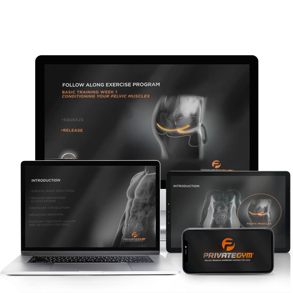 Private Gym Basic Training Online Kegel Exercise Program With Different Screen Examples and Online Video Access Badge