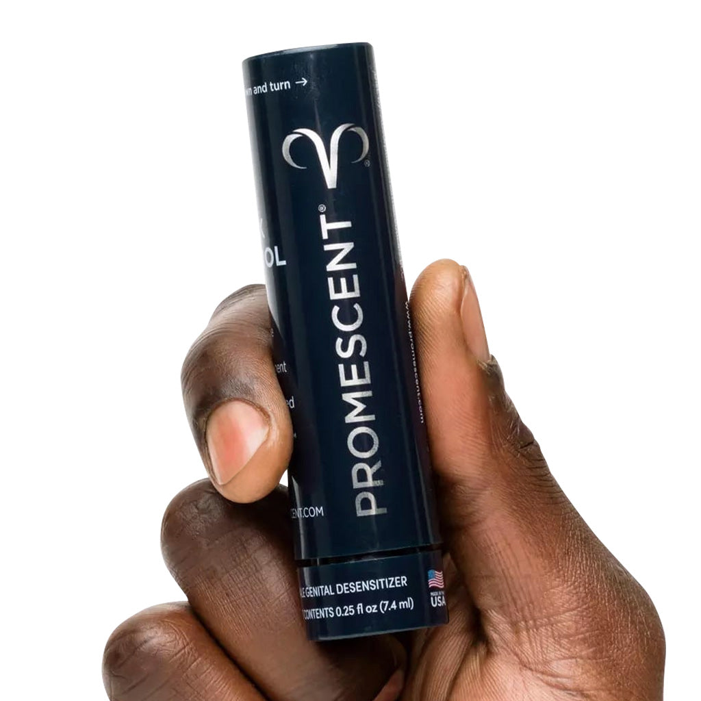 Promescent® Delay Spray for Premature Ejaculation hand holding bottle with spray effect 20 spray bottle 60 spray bottle