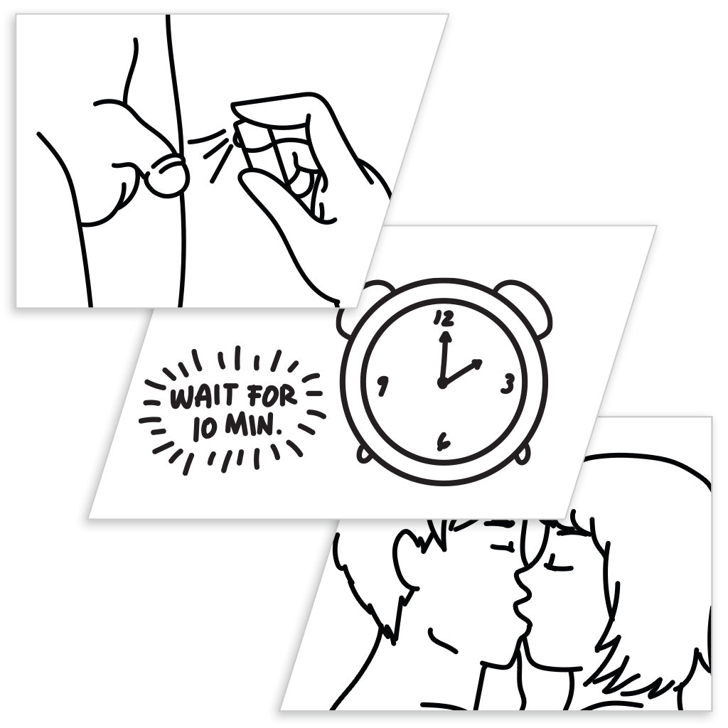 Promescent® Delay Spray for Premature Ejaculation hand holding bottle with spray effect 20 spray bottle 60 spray bottle Instruction Graphics