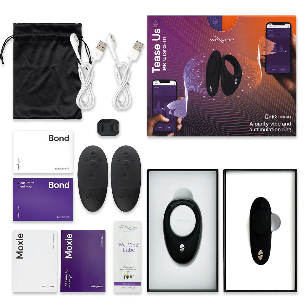 We Vibe Bond & Moxie+ Wearable Vibrator Tease Us Set Inside Package Contents