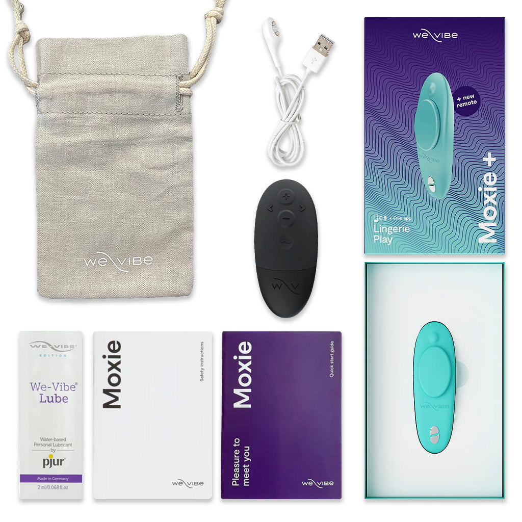 We Vibe Moxie+ Wearable Clitoral Vibrator in Aqua Inside Package Content