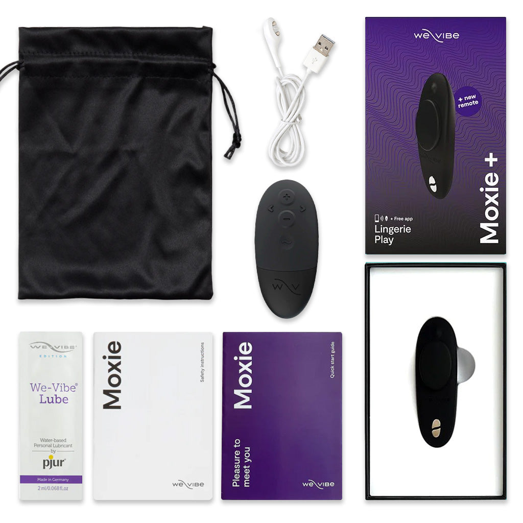We Vibe Moxie+ Wearable Clitoral Vibrator in Black Inside Package Content