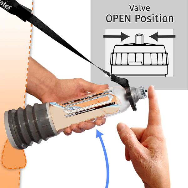 Hydromax Demonstration of Placing the Shower Strap Around the Neck with Pump at Upward Angle and The Black Pip in Open Position