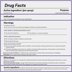 Promescent® Delay Spray for Premature Ejaculation drug facts indication warnings directions 20 spray bottle 60 spray bottle