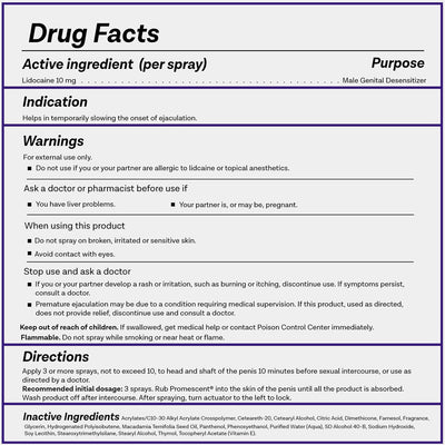 Promescent® Delay Spray for Premature Ejaculation drug facts indication warnings directions 20 spray bottle 60 spray bottle