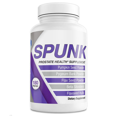 SPUNK Natural Prostate Health Supplement front of bottle Gray Orange No Private Gym